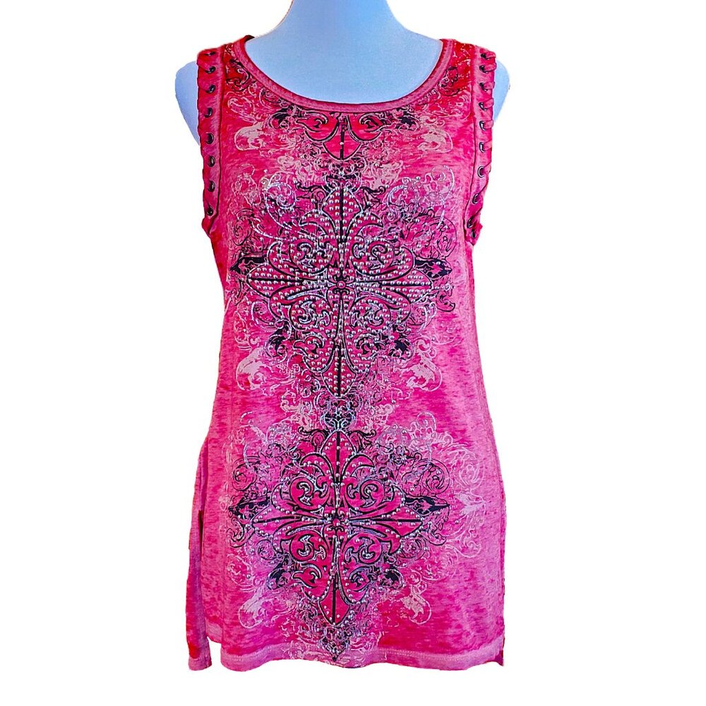 Maurices Red Silver Stud Cross Tank Top Lace Up Armhole Womens Sz S Biker Grunge
